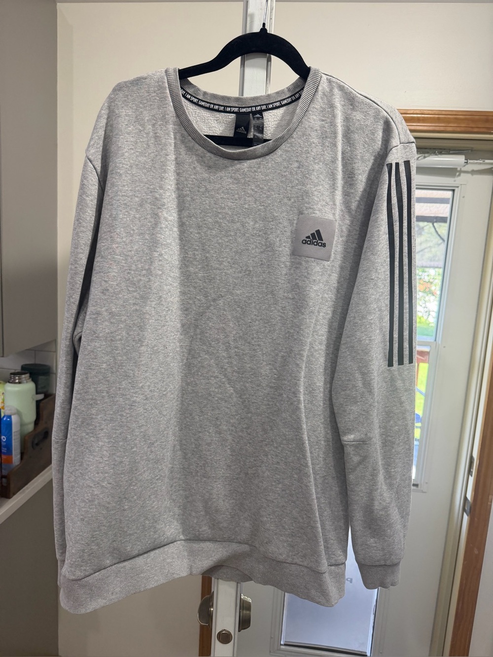 adidas Men's Light Gray Crewneck Sweatshirt with Sleeve Stripes